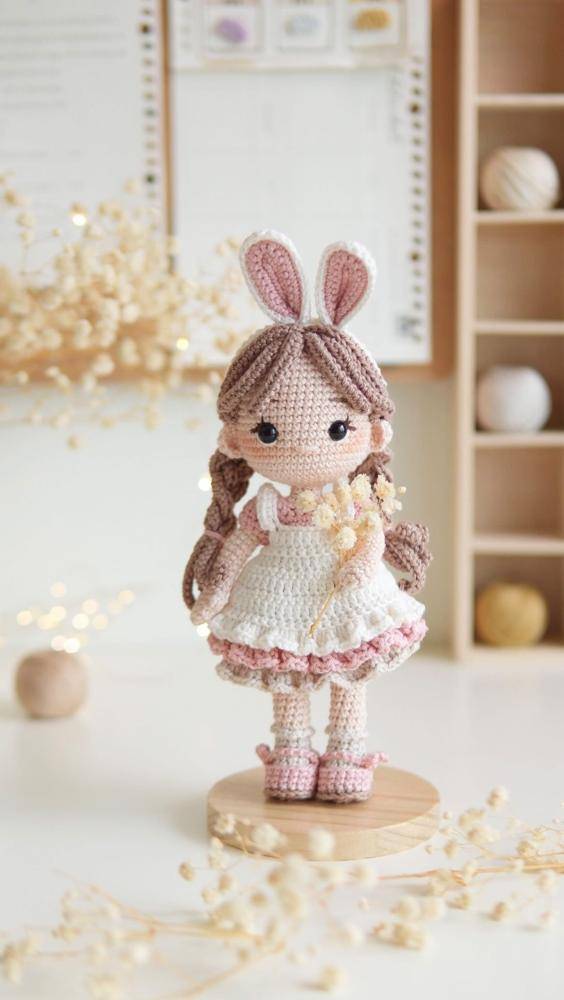 Adorable Crochet Doll with Bunny Ears and Frilly Dress