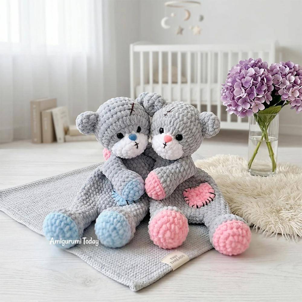 Adorable Gray Amigurumi Teddy Bears with Pink and Blue Accents