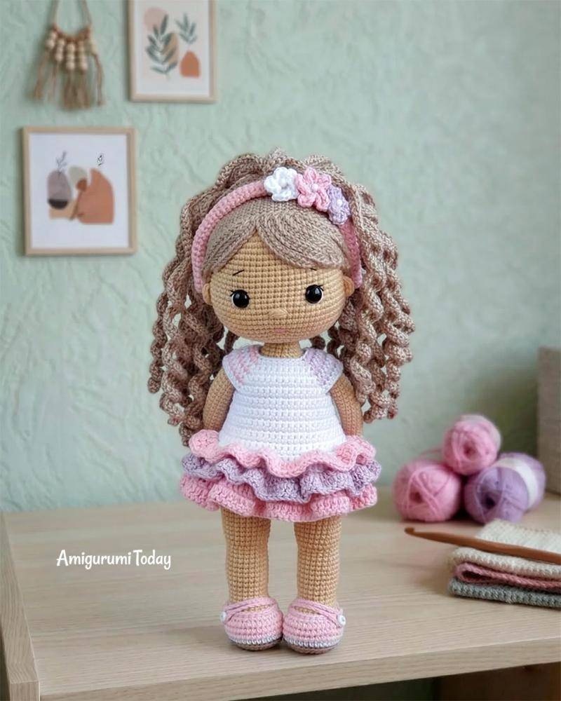 Amigurumi Doll with Curly Hair and Ruffled Dress