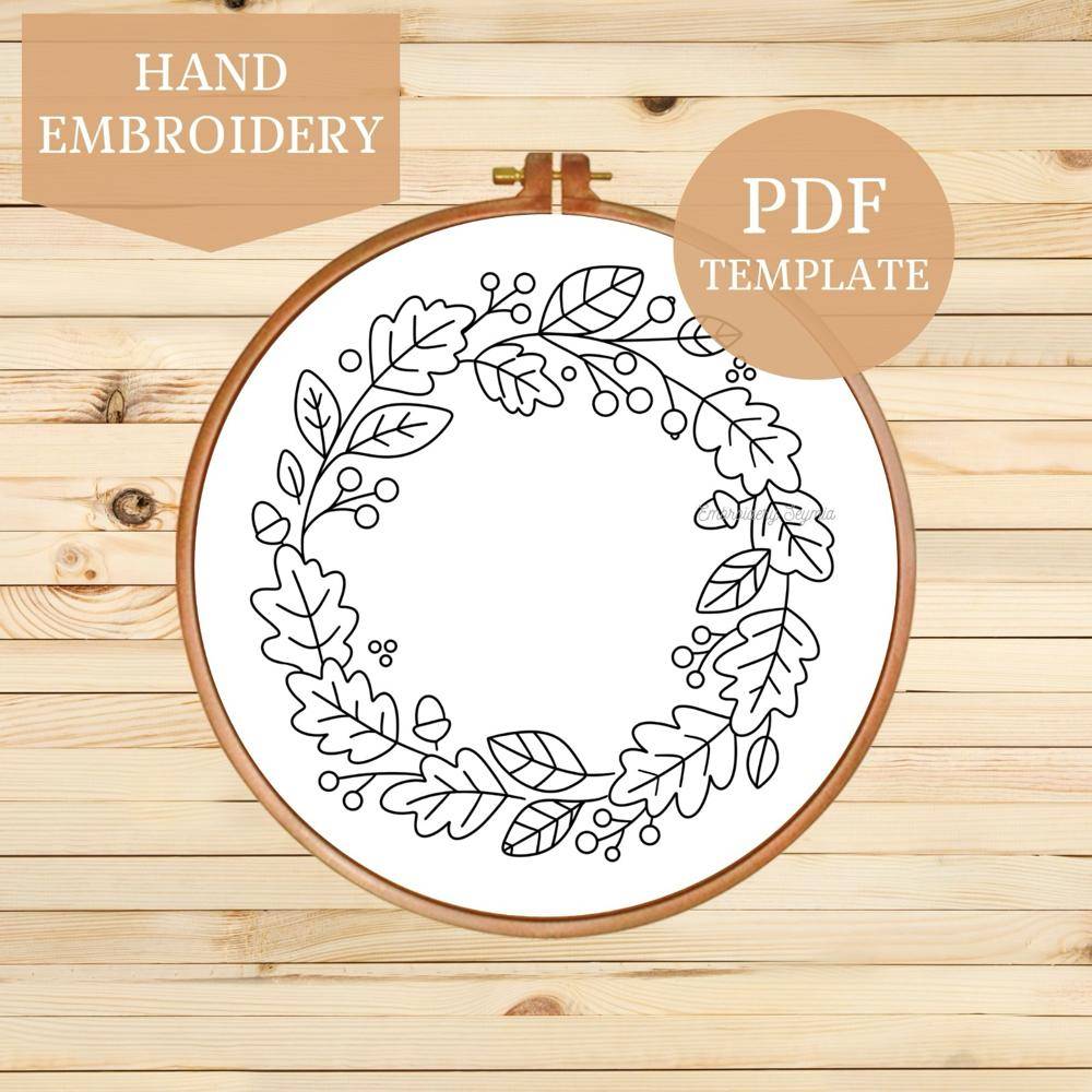 Autumn Leaf and Berry Wreath Embroidery Pattern