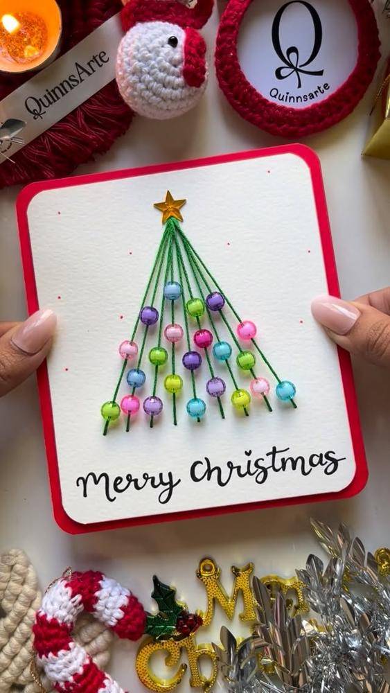 Beaded Christmas Tree String Art Card