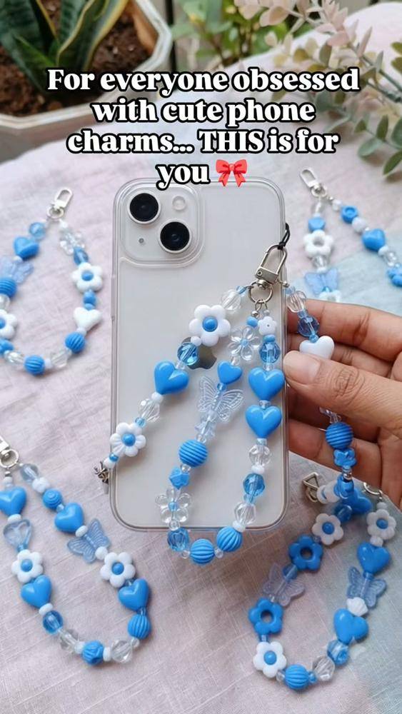 Beaded Phone Charms with Hearts, Flowers, and Butterflies