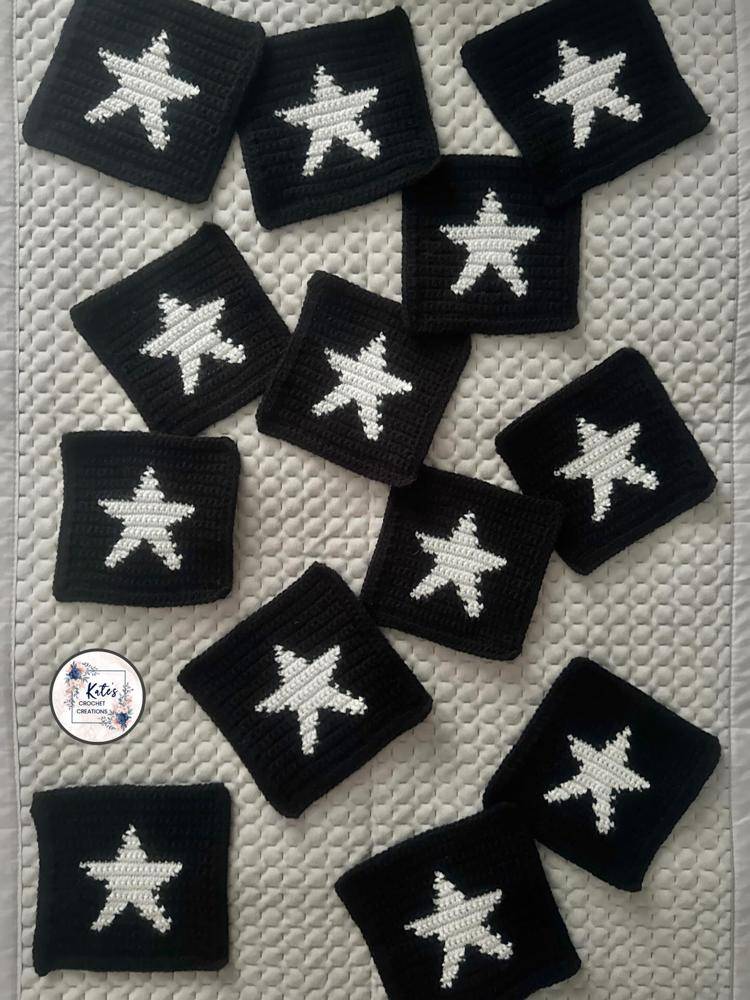 Black and White Crochet Star Square Coasters