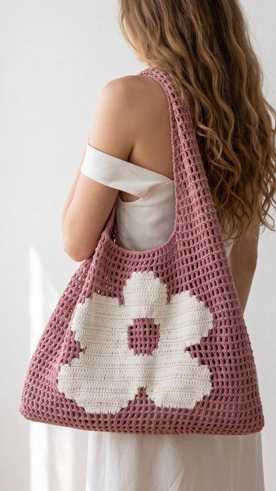 Bloomin' Crochet Tote Bag with Flower Appliqué