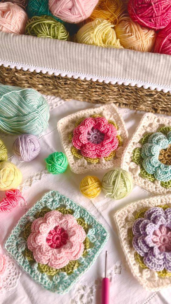 Blooming 3D Flower Granny Squares Crochet Project