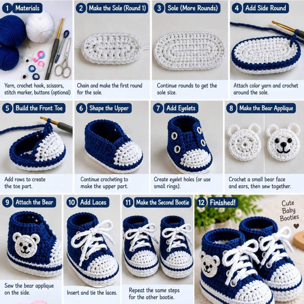 Blue and White High-Top Crochet Baby Booties with Bear Applique