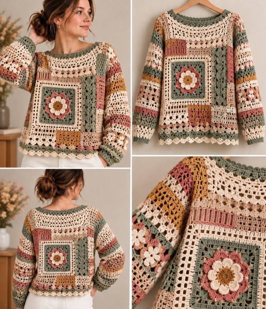 Bohemian Patchwork Granny Square Crochet Sweater