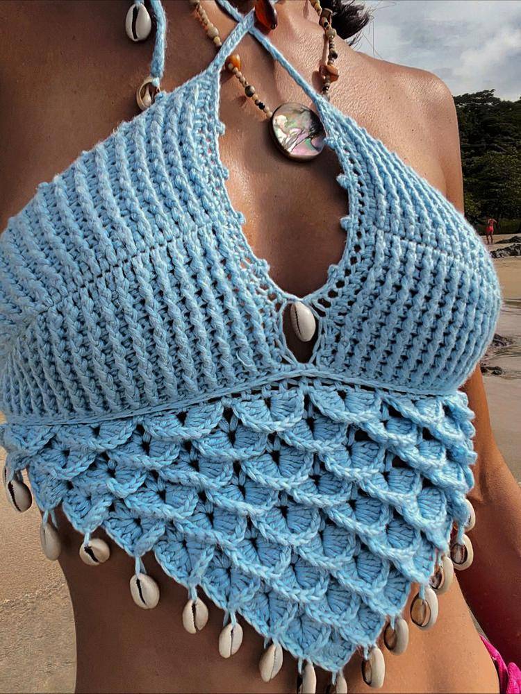 Boho Crochet Halter Top with Shell Accents