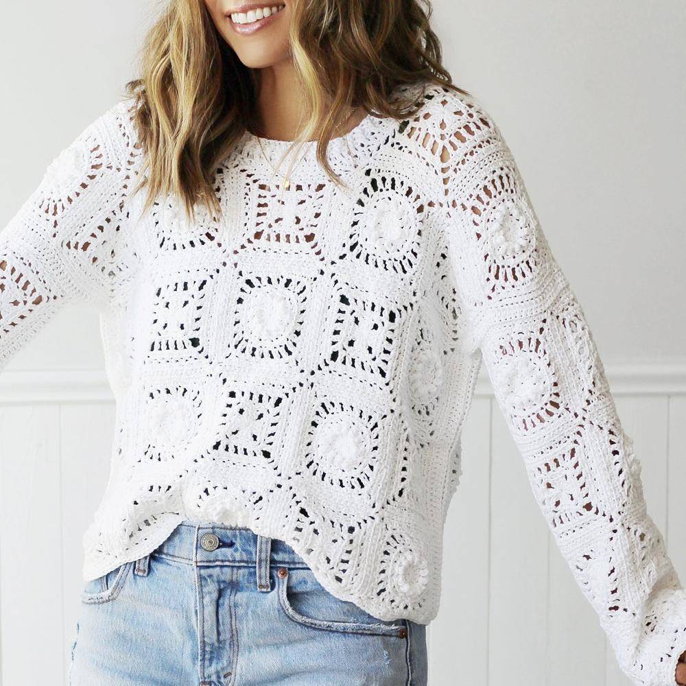 Boho White Crochet Granny Square Sweater