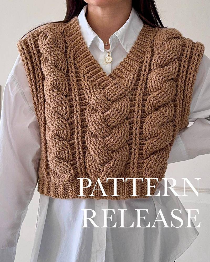 Cable Knit V-Neck Crochet Vest