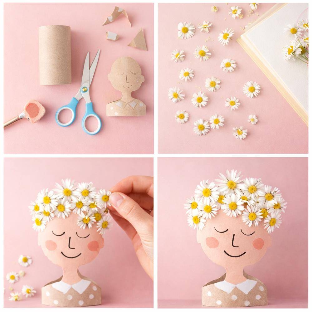 Cardboard Toilet Paper Roll Doll with Daisy Hair