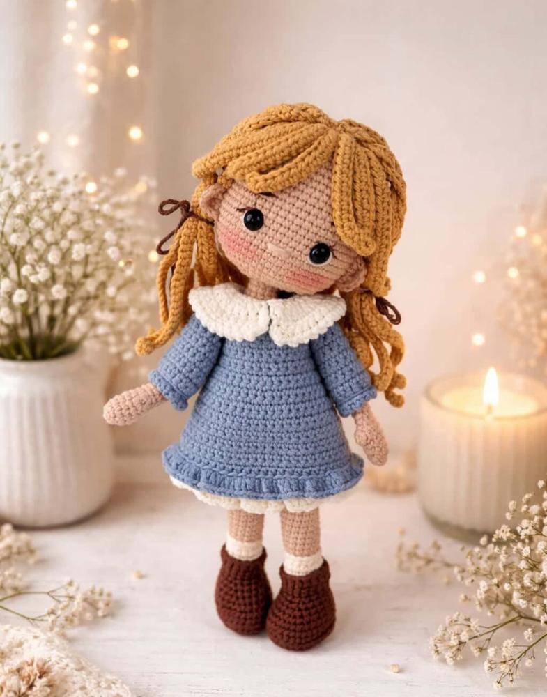 Charming Crochet Doll with Blue Dress and Boots