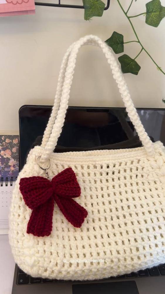 Charming Crochet Tote Bag with a Festive Bow Accent