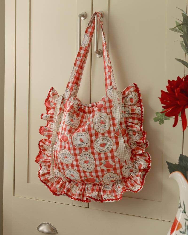 Charming Gingham Strawberry Fabric Tote Bag