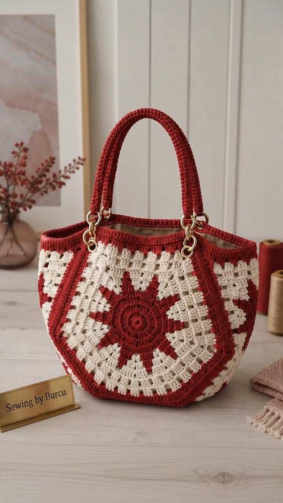 Classic Red and Cream Hexagonal Granny Square Crochet Bag