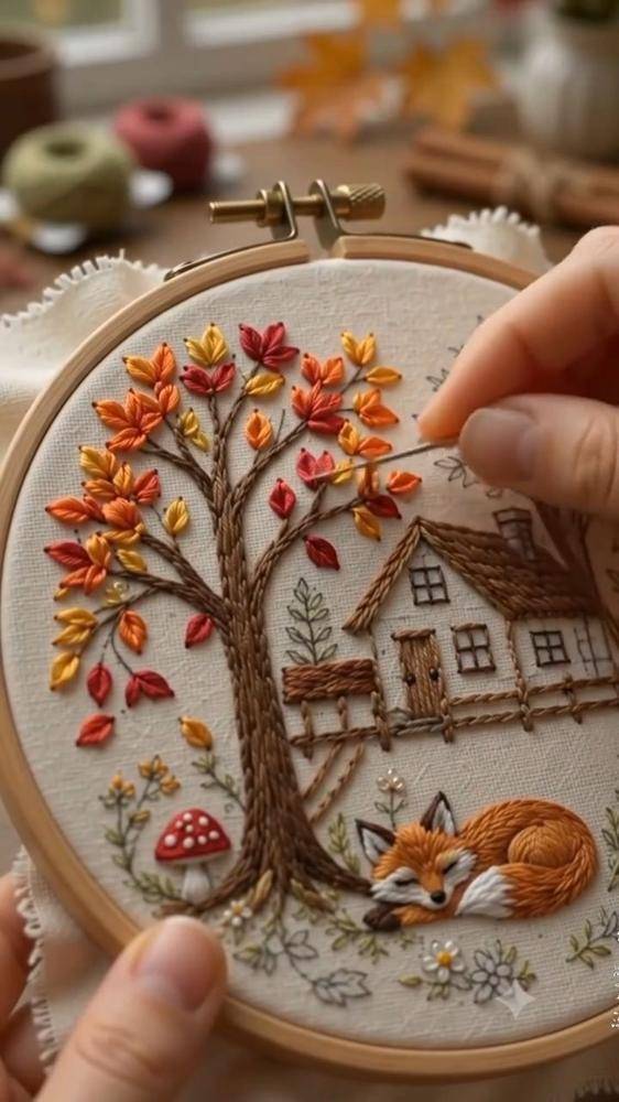 Cozy Autumn Scene Embroidery Hoop