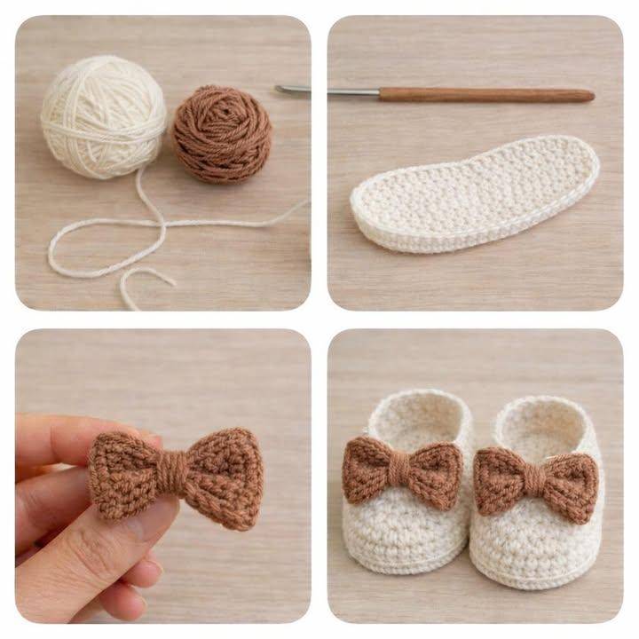 Cream Crochet Baby Booties with Brown Bows