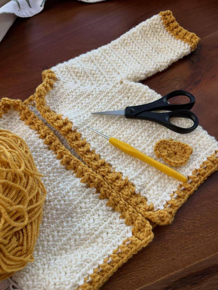 Cream and Mustard Textured Crochet Baby Cardigan