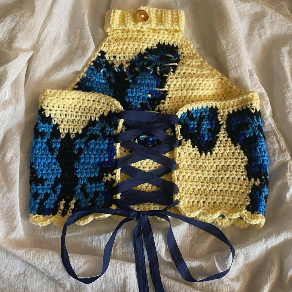 Crochet Halter Top with Butterfly Motif and Lace-Up Back