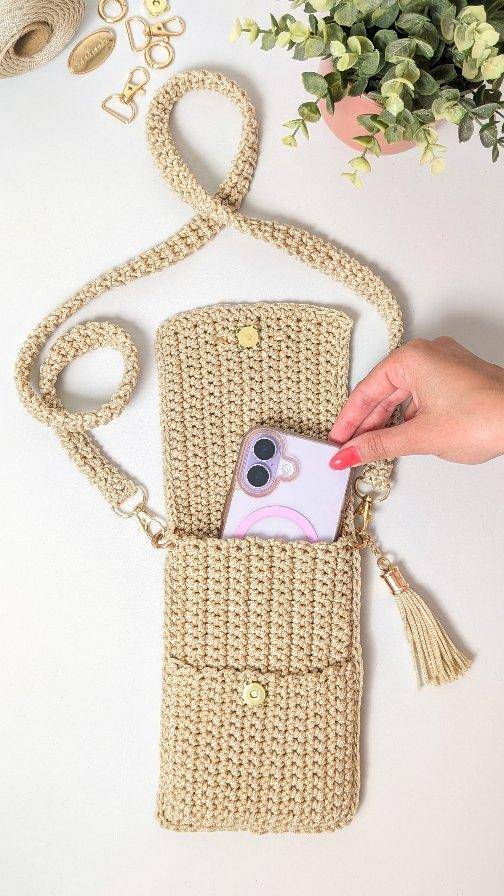 Crocheted Neutral Toned Phone Pouch Bag