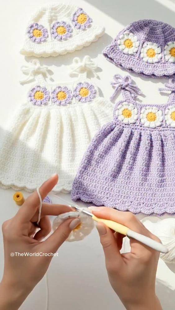 Daisy Applique Crochet Baby Dress and Hat Set