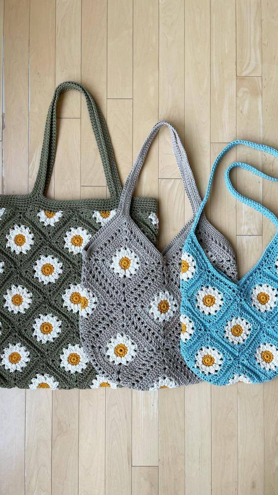 Daisy Granny Square Crochet Tote Bags