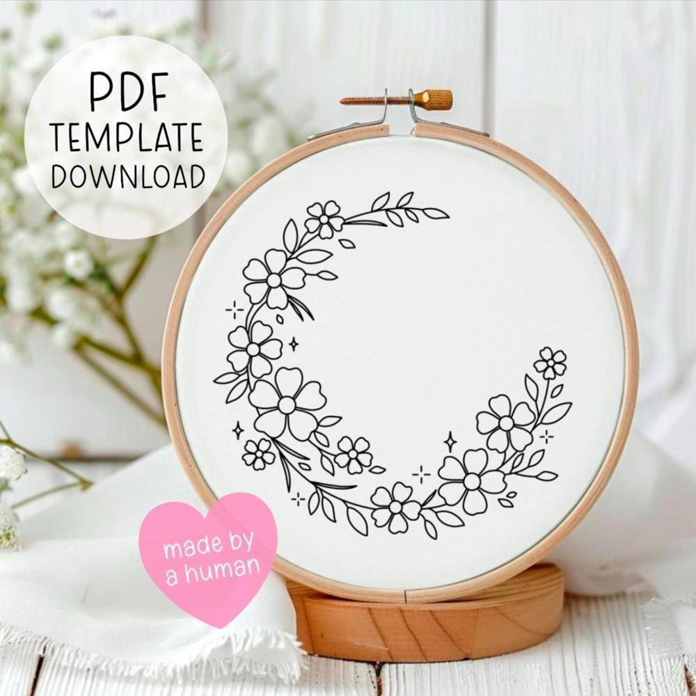 Delicate Floral Crescent Embroidery Hoop Art