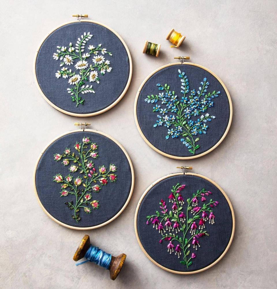 Delicate Floral Silk Ribbon Embroidery Hoop Art