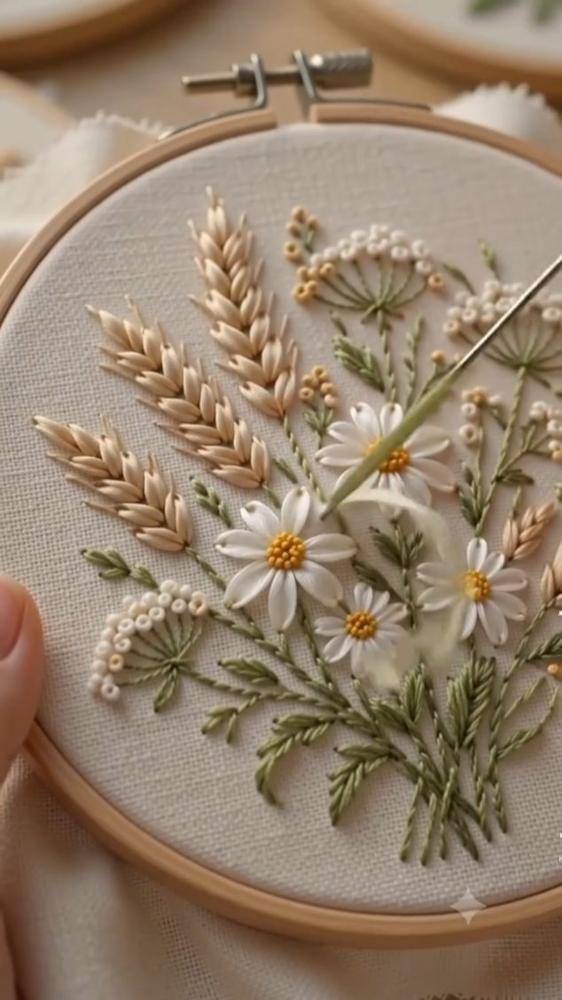 Delicate Silk Ribbon Embroidery Floral Bouquet