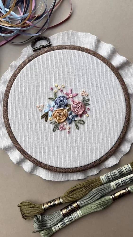 Delicate Silk Ribbon Floral Embroidery Art