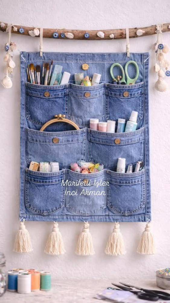 Denim Pocket Wall Organizer with Tassel Accents