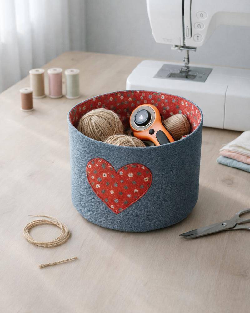 Denim and Floral Heart Fabric Storage Basket