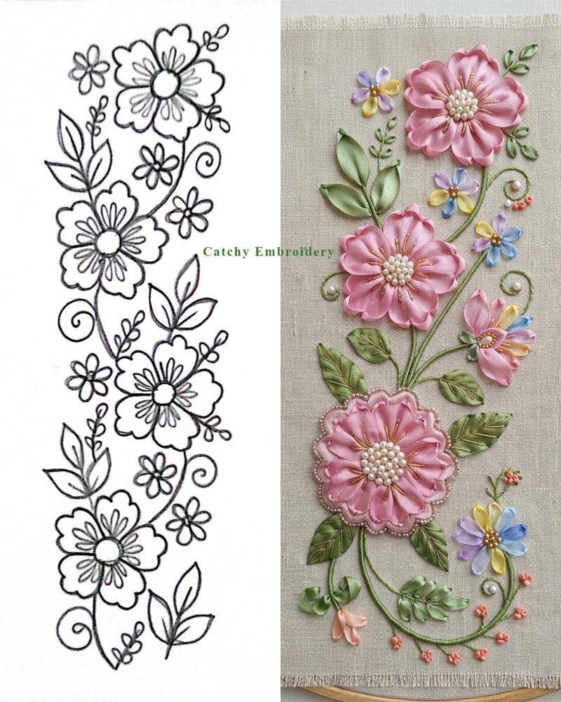 Elegant Pink Floral Ribbon Embroidery Design