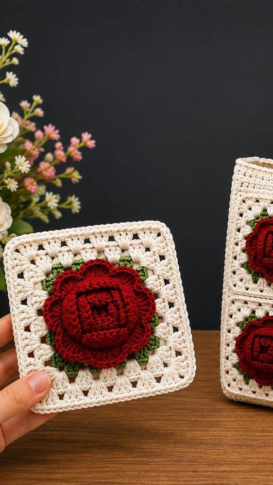 Elegant Rose Granny Square Crochet Coasters