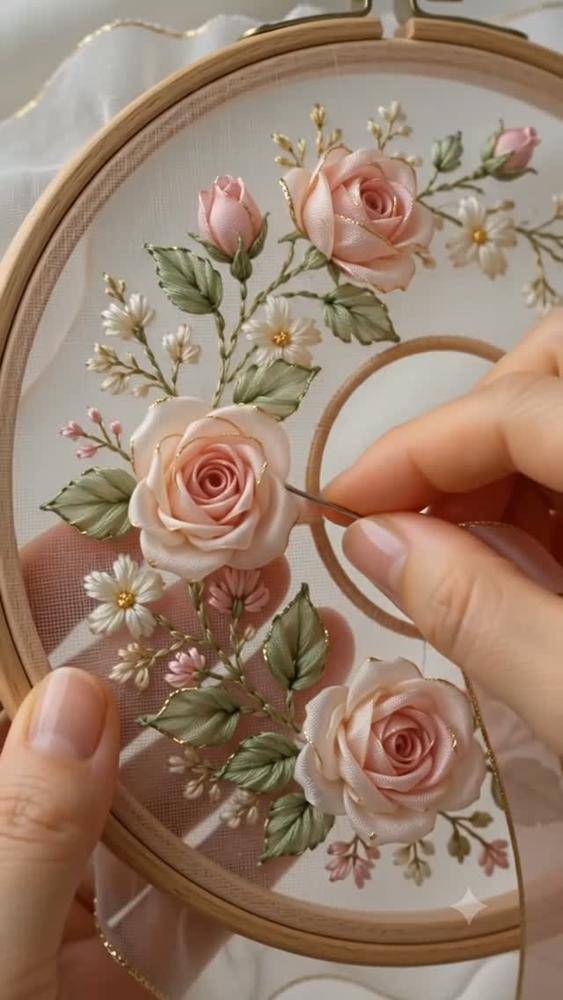 Elegant Silk Ribbon Rose Embroidery Hoop