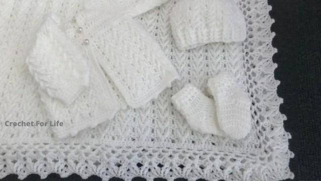 Elegant White Crochet Baby Set with Blanket, Cardigan, Hat, and Booties