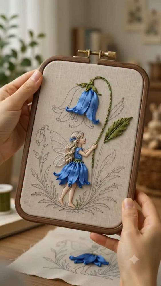 Enchanting Fairy and Bluebell Silk Ribbon Embroidery Hoop Art