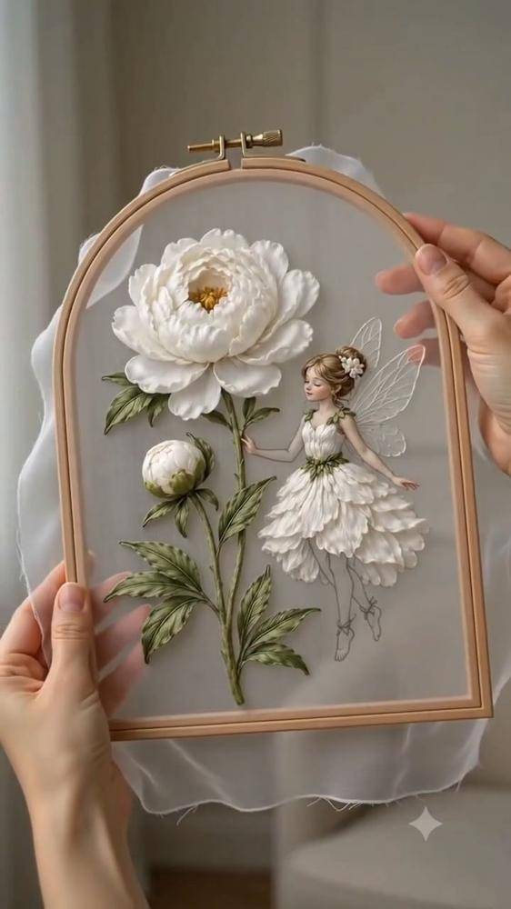 Enchanting Silk Ribbon Fairy and Peony Hoop Art