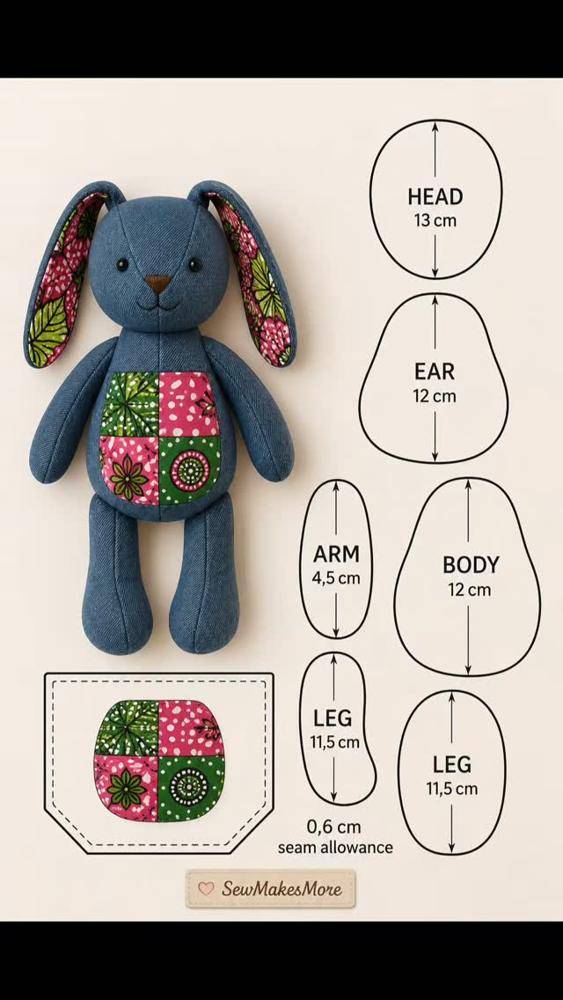 Fabric Stuffed Bunny with Patchwork Belly