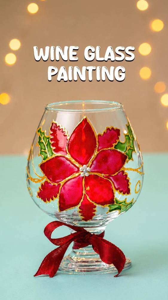 Festive Poinsettia Wine Glass Painting