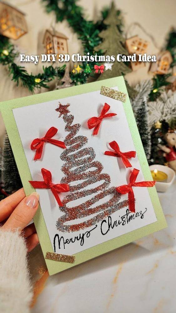 Glittered Christmas Tree Card with Ribbon Bows