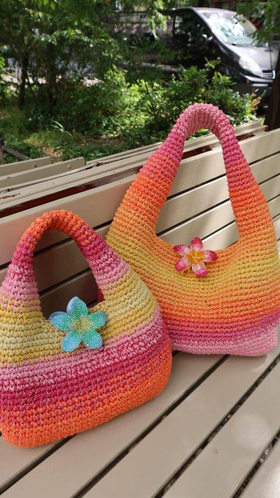 Gradient Crochet Hobo Bags with Flower Embellishments