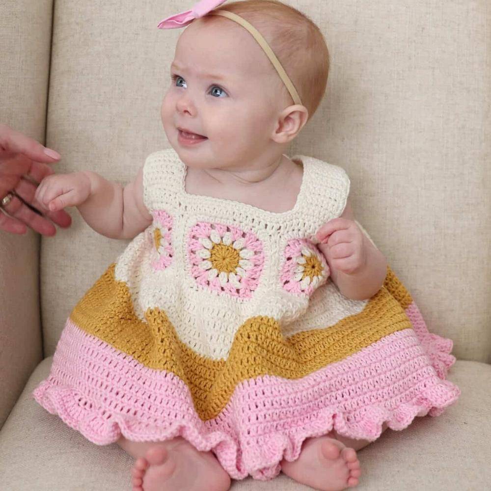 Granny Square Crochet Baby Dress with Ruffled Hem