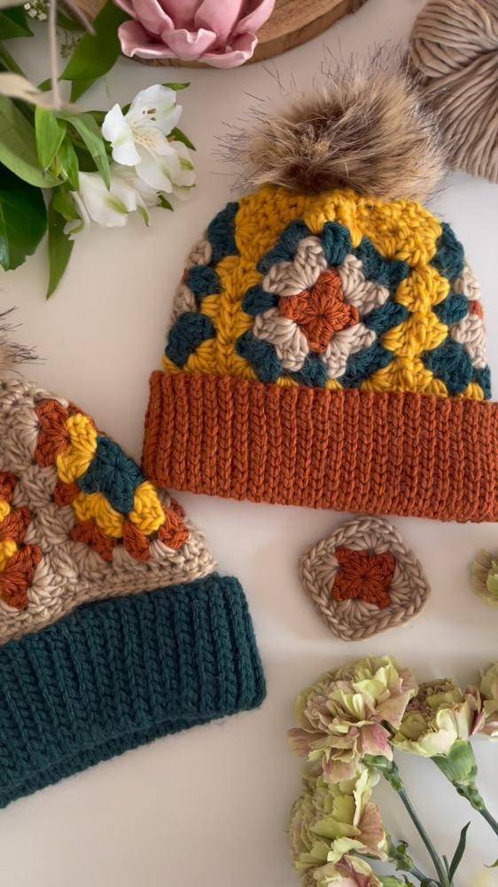 Granny Square Crochet Beanie with Pom-Pom