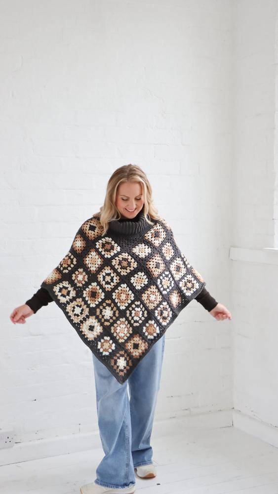 Granny Square Crochet Poncho with Turtleneck Accent