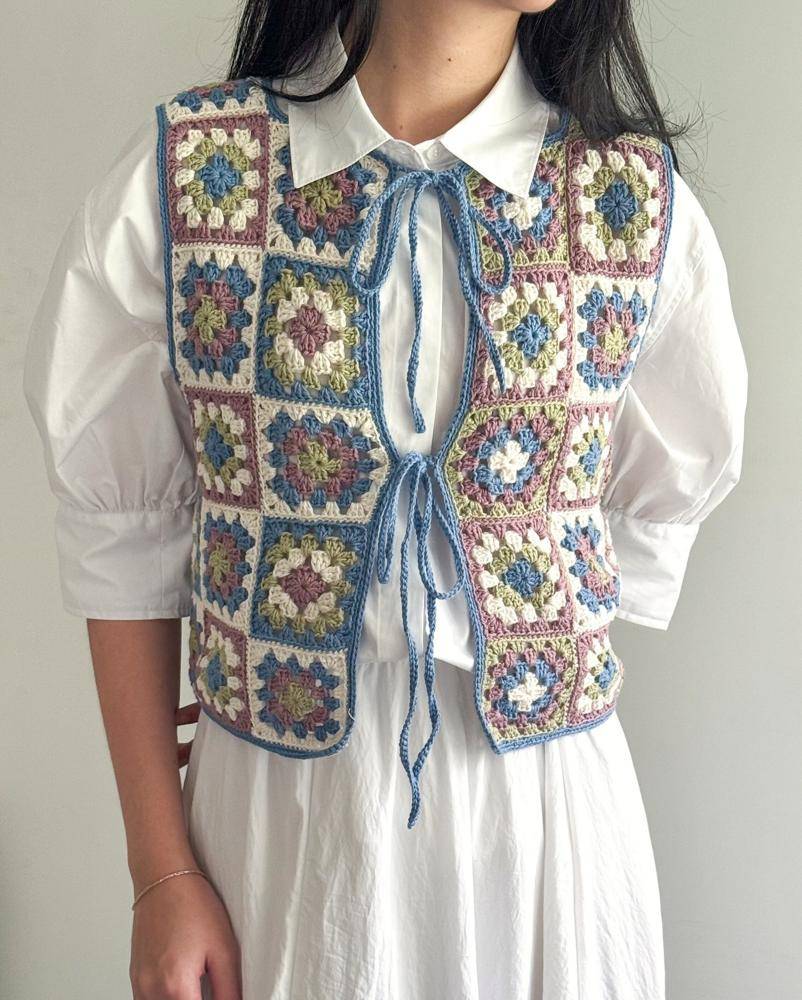 Granny Square Crochet Vest with Tie Closure