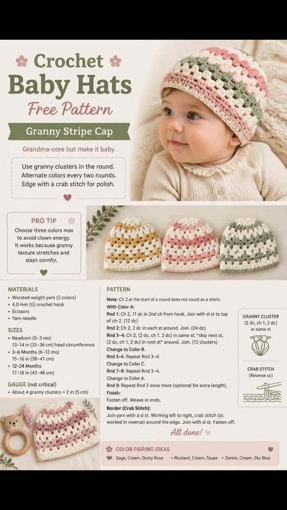 Granny Stripe Crochet Baby Hat Pattern
