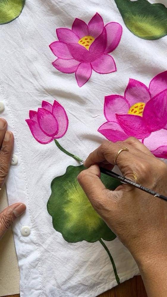 Hand-Painted Pink Lotus Flowers on White Fabric