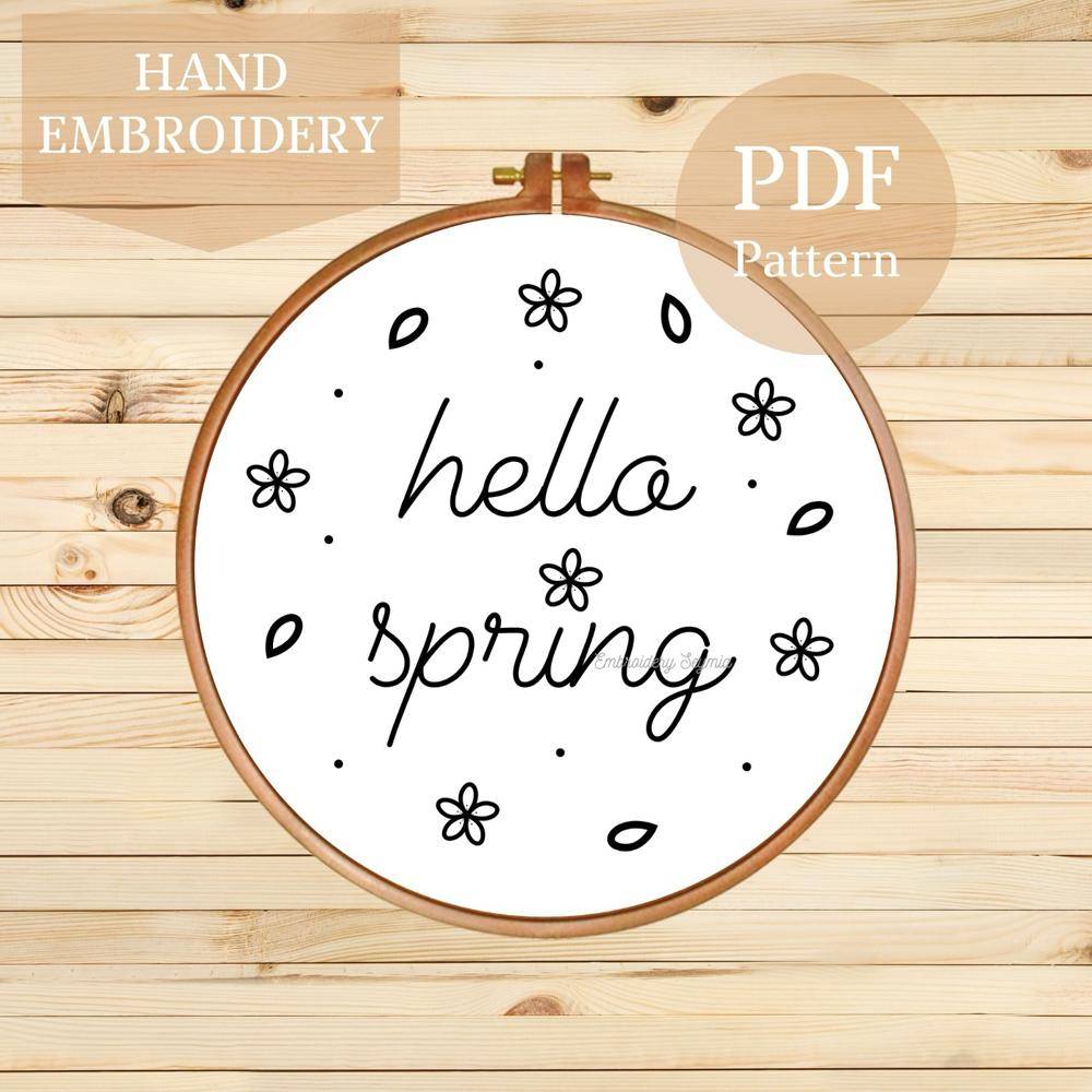 Hand Embroidered "Hello Spring" Hoop Art