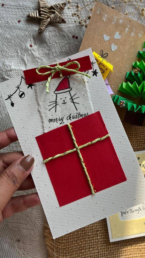 Handmade Christmas Card with Festive Cat Design